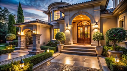 Elegant Luxury House Entrance at Dusk Surrounded by Scenic Outdoor Landscape with Warm Lighting and Architectural Detail