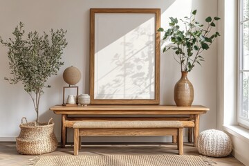 Spring composition of living room interior with mock up poster frame, rattan sideboard, wooden bench, vase with leaves and personal accessories. Home decor, Generative AI