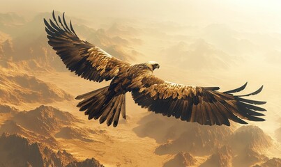 Eagle flying over a desert landscape.