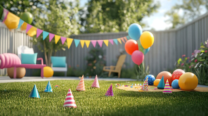 backyard party scene with colorful balloons, a cheerful banner, and fun party hats scattered on the grass for a playful and lighthearted celebration 