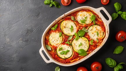 A delicious dish of baked zucchini with melted cheese, garnished with fresh herbs, served in a ceramic dish alongside ripe tomatoes.