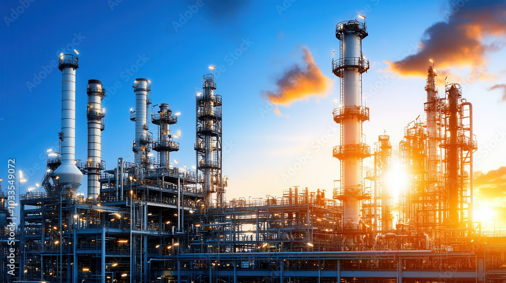 Poster sunset view of vast refinery with towering structures and intricate pipelines, showcasing beauty of 