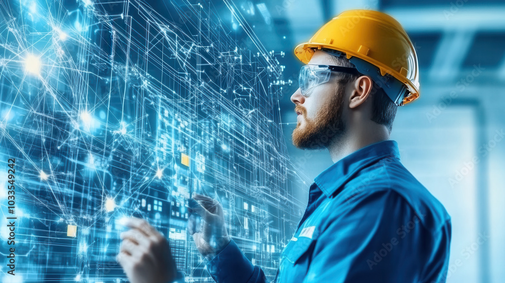 Poster worker in hard hat and safety glasses interacts with digital control panel, overseeing complex data 