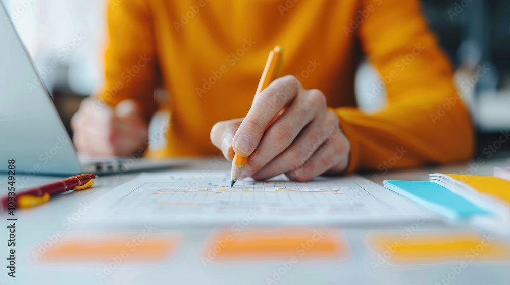 Poster close-up of a person writing on a paper at a desk with a laptop, emphasizing focus and productivity 