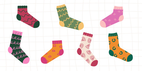Collection of cute socks with a minimalistic abstract pattern. Vector illustration