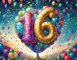 Balloon number 16, illustration for birthday or anniversary celebration, digital painting