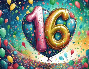 Balloon number 16, illustration for birthday or anniversary celebration, digital painting