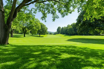 Fototapeta premium A serene view of a lush golf course surrounded by a dense forest, providing a tranquil setting for a sports and nature experience.