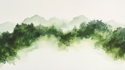 Fototapeta premium Watercolor mountain range. Tranquil watercolor painting of a mountain range obscured by mist and greenery. Peaceful, nature, landscape art.
