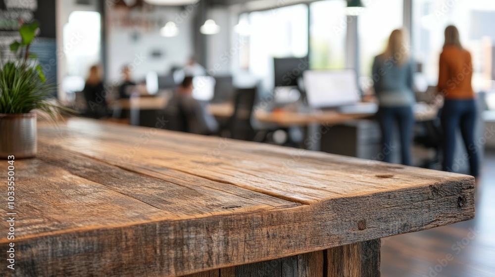 Poster rustic wooden table. closeup of a rustic wooden table in a modern office setting. the table's natura