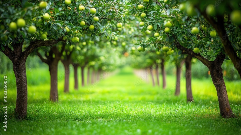 Poster A row of apple trees with green apples on the branches in a lush orchard.
