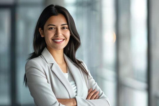 smiling hispanic businesswoman with blurred background