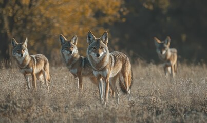 Four coyotes standing in a field of tall grass.