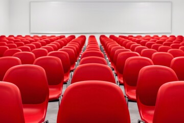 Obraz premium Rows of red chairs in a modern, bright conference room, perfectly aligned and waiting for an audience, representing business meetings, events, and corporate gatherings.