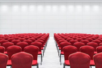 Fototapeta premium Rows of red chairs in a modern, bright conference room, perfectly aligned and waiting for an audience, representing business meetings, events, and corporate gatherings.