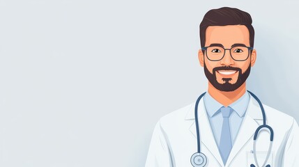 Fototapeta premium Cheerful male doctor in a white coat with a stethoscope, ready to assist patients in a modern healthcare setting.