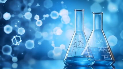 Two Glass Flasks Filled with Blue Liquid Against a Blue Background with Chemical Structures