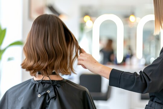 A hairstylist wearing a mask and gloves working on a client's hair in a salon, demonstrating a safe and hygienic haircut during the pandemic.