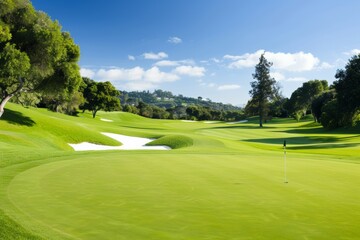 A wide view of a pristine golf course with lush green grass, gentle hills, and clear skies, perfect for outdoor sports.