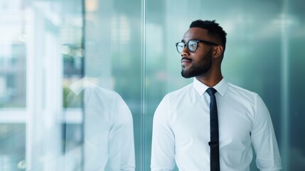 Fototapeta premium Confident businessman gazing through a glass window. He is wearing a white shirt and black tie, embodying professionalism and ambition.