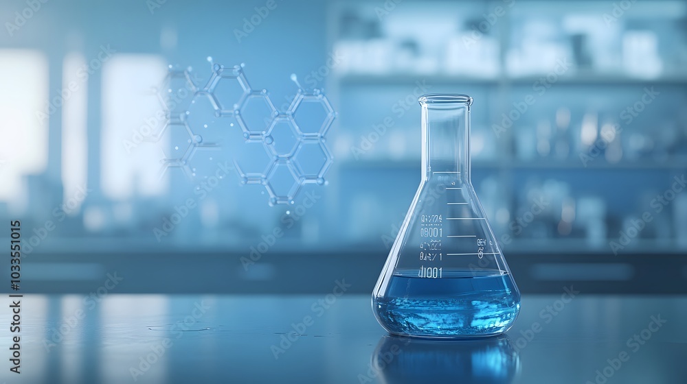 Aufkleber a single erlenmeyer flask filled with blue liquid in a laboratory setting