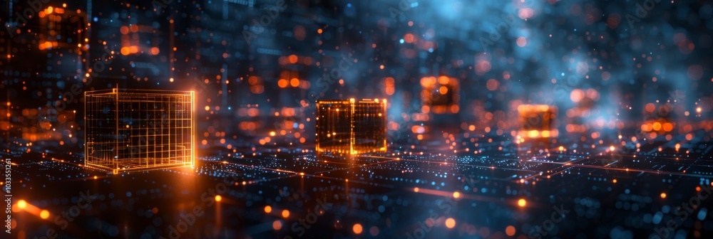 Poster digital cubes on a futuristic grid with glowing orange lights. blockchain and data storage concept.