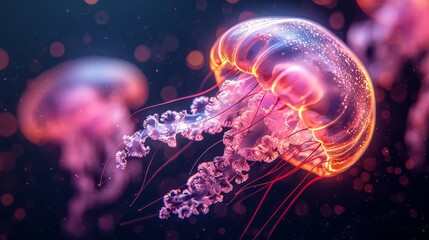 Glowing Pink and Orange Jellyfish in Ocean Water