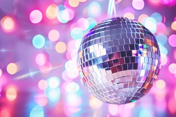 Obraz premium A close-up of a shiny disco ball reflecting soft, colorful lights on a vibrant pink background. The minimalistic, retro aesthetic creates a playful and energetic atmosphere, perfect for a party scene.