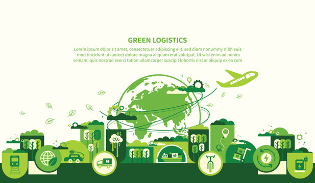 The concept of green logistics and supply chain with icons. Sustainable development, economy and clean, greenhouse-free transport in the form of electric, hybrid or hydrogen propulsion vector.
