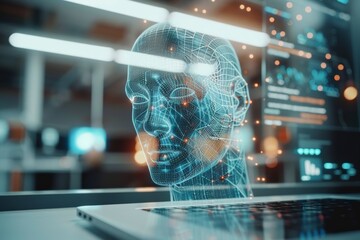 A laptop displaying facial recognition software on the screen. The digital interface highlights advanced AI and biometric technology in a modern, tech-focused environment.