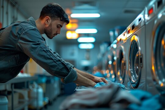 A man in a laundromat loading clothes into a washing machine. The scene captures the routine task of laundry in a modern, brightly lit environment with industrial machines.
