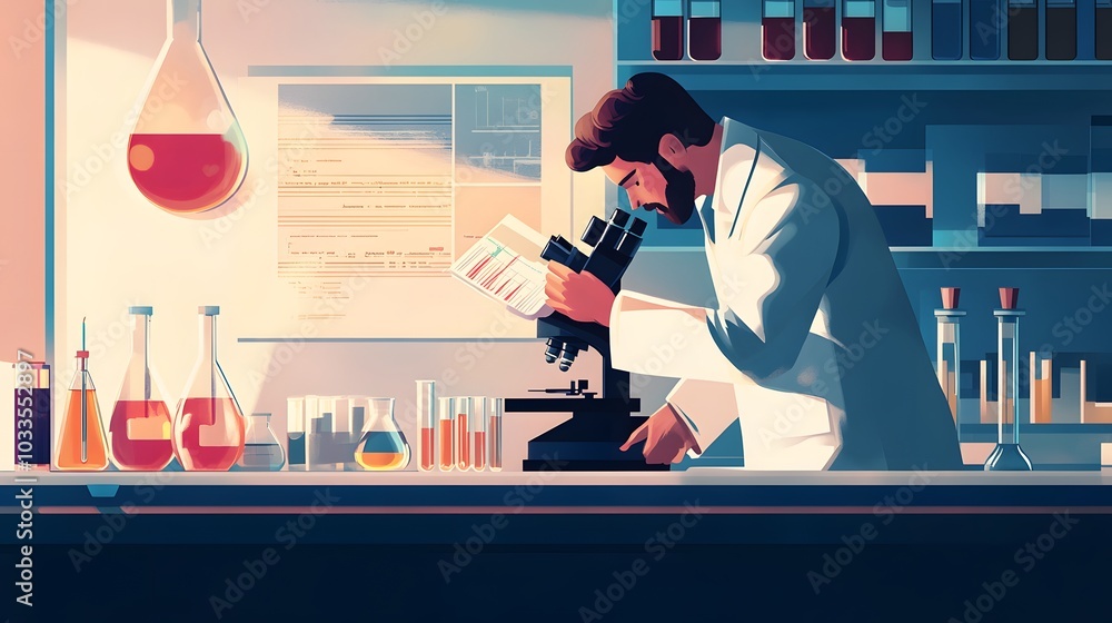 Poster a man in a lab coat examining a sample under a microscope