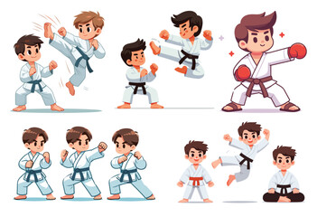 Obraz premium Karate kids in dynamic poses, cartoon style, energetic illustration for martial arts events
