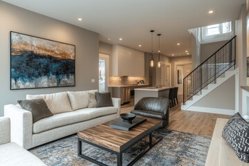 Modern Earth-Tone Interior. An earth-toned, modern living room with cozy furniture and abstract wall art. Perfect for promoting warm, inviting home, Generative AI