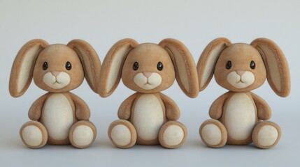 Three brown plush bunny rabbits sitting in a row on a white background.