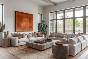 Fototapeta premium Modern Earth-Tone Interior. An earth-toned, modern living room with cozy furniture and abstract wall art. Perfect for promoting warm, inviting home, Generative AI
