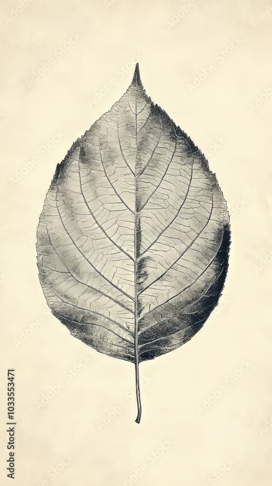 Poster single leaf art. monochrome artistic rendering of a leaf, showcasing intricate vein patterns and del