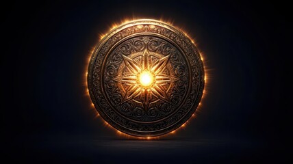 A radiant golden shield with intricate carvings and glowing light emanating from the center, symbolizing power and defense