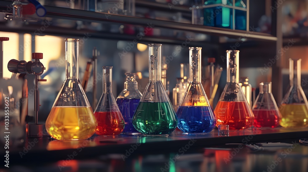 Poster a row of beakers filled with colorful liquids in a laboratory