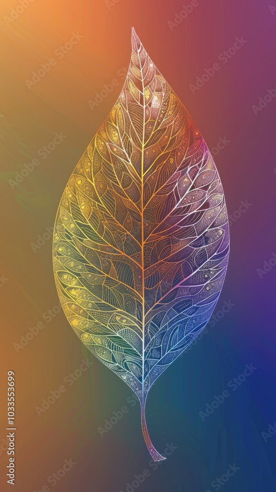 Aufkleber ornate leaf design. detailed leaf graphic with intricate patterns and a rainbow gradient backdrop. p