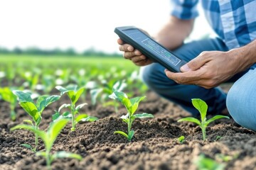 A farmer checking data on a smartphone while inspecting young plants in a thriving field.