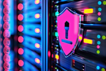 A digital representation of a security shield over servers, symbolizing cybersecurity, data protection, and secure networks in a server environment.
