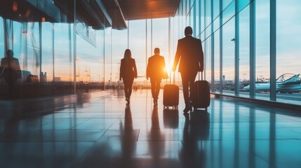 Three business people strolling through airport terminal, each rolling suitcase, heading towards gate. Colleagues dressed professionally, exuding purpose and determination for business trip