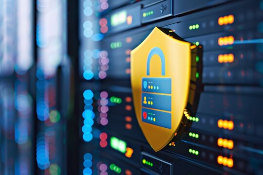 A digital representation of a security shield over servers, symbolizing cybersecurity, data protection, and secure networks in a server environment.