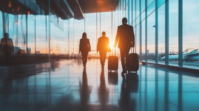 Three business people strolling through airport terminal, each rolling suitcase, heading towards gate. Colleagues dressed professionally, exuding purpose and determination for business trip