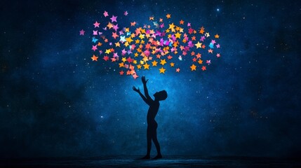 A Simplified Figure Reaching for Colorful Stars Amid a Falling Motion in a Whimsical Setting