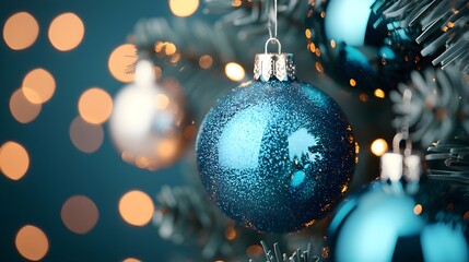 Sparkling blue ornaments on a festive Christmas tree