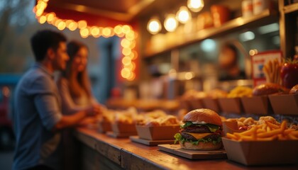 Fototapeta premium A lively night market scene with people dining outdoors, surrounded by food stalls and warm lighting. The image captures socializing, street food, and the vibrant atmosphere.
