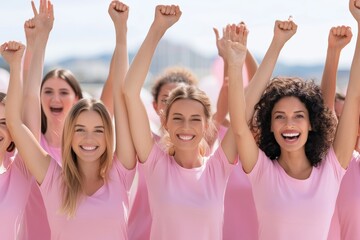 Fototapeta premium A group of young women raising their arms in celebration, wearing matching pink shirts. The image represents unity, empowerment, and joy as they participate in an outdoor event.