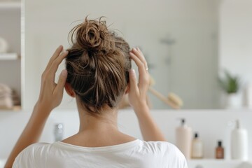 Naklejka premium A woman examining her hair in the mirror with concern, standing in a bathroom.